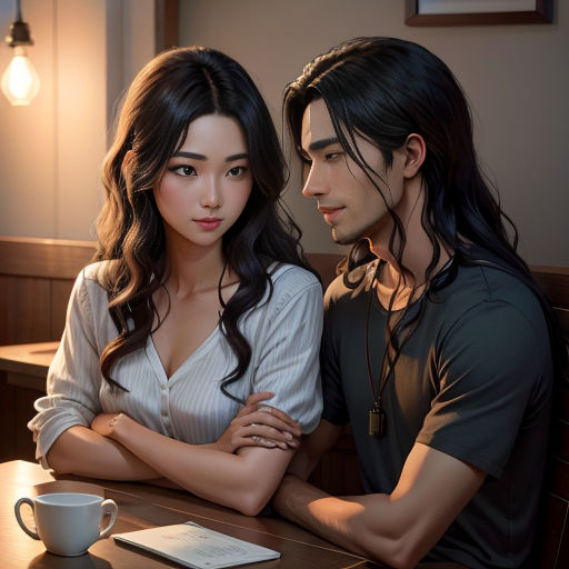 a man and a woman sitting at a table with a cup of coffee in front of them and a phone on the table