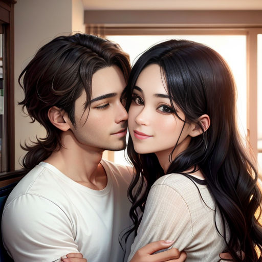 a couple is hugging each other in a room with a window behind them and a bookcase in the background