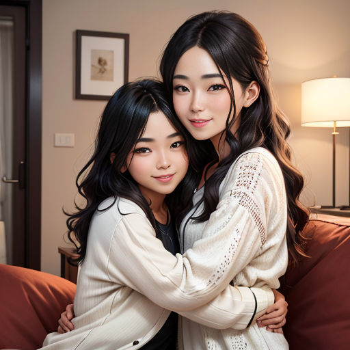 two asian women hugging each other on a couch in a living room with a lamp on the side of the couch