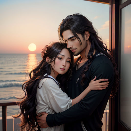 a man and a woman embracing each other on a balcony overlooking the ocean at sunset with the sun setting