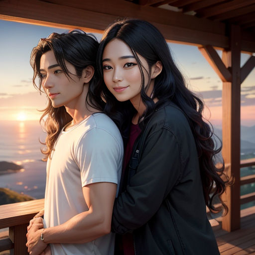 a couple of people standing next to each other on a wooden deck near the ocean at sunset or sunrise