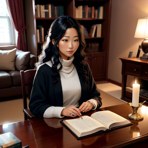 a woman sitting at a desk with an open book and a candle in front of her, in a room with a couch and a bookcase