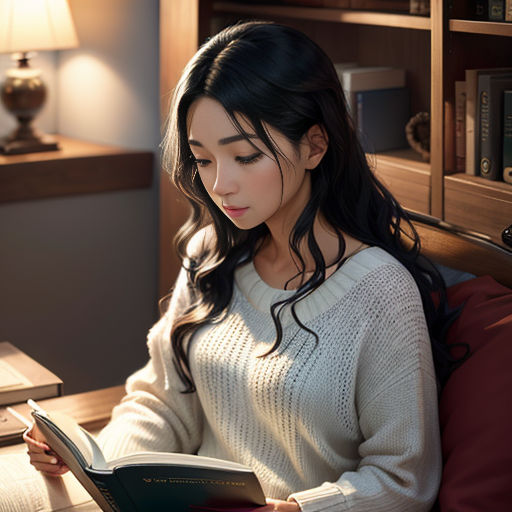 a woman sitting on a couch reading a book in a room with a lamp on the side of the wall