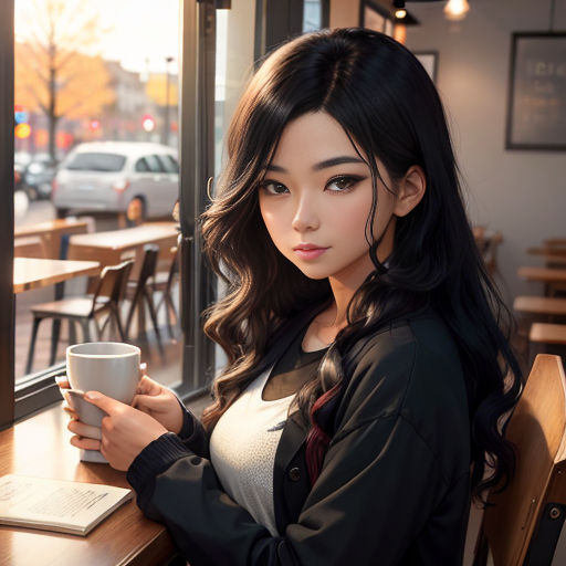 a woman sitting at a table with a cup of coffee in her hand and a book in her other hand