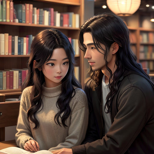a man and a woman sitting at a table in front of a book shelf with books on it and a book
