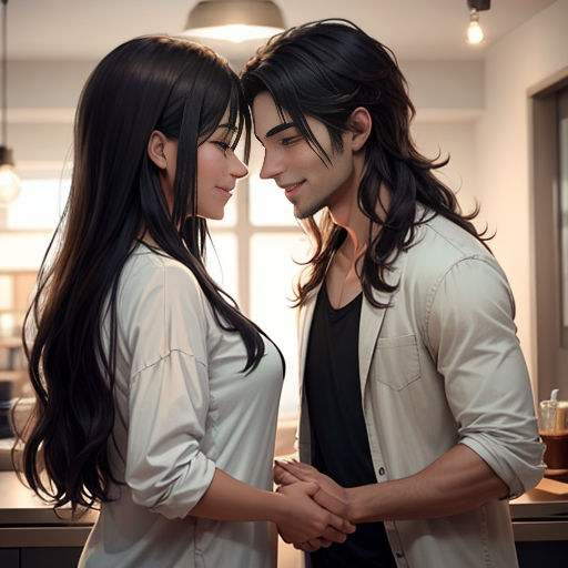 a couple of people standing next to each other in a kitchen together, with one holding the other's hand