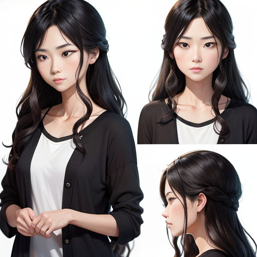 a woman with long black hair and a white shirt and black jacket and a black and white top and a black and white background