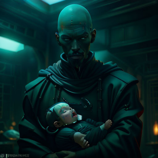 a man holding a baby in his arms in a dark room with a green light coming from the ceiling