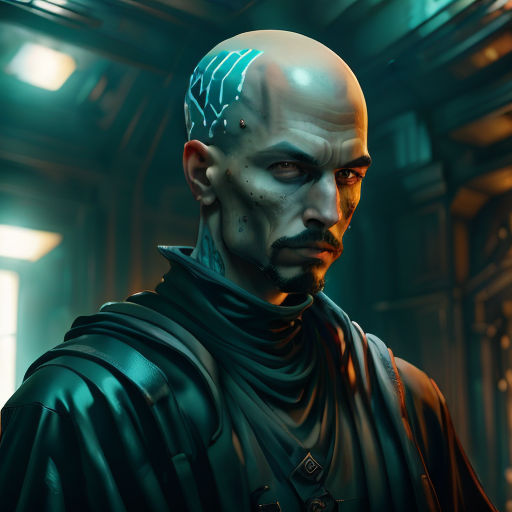 a man with a bald head and a black cape in a room with windows and a clock on the wall