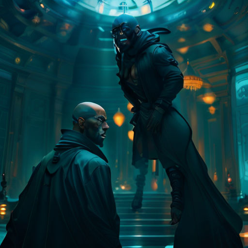 a man in a cape and a man in a cloak stand in a dark room with a clock on the ceiling
