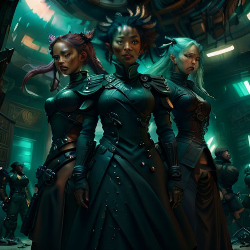a group of women in costume standing in a room with green lights and a clock on the wall behind them