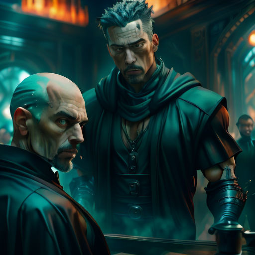 two men in a dark room with a man in a cape and a man in a cape on his shoulder