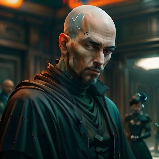 a man in a cape and a helmet in a sci - fi setting with other men in the background