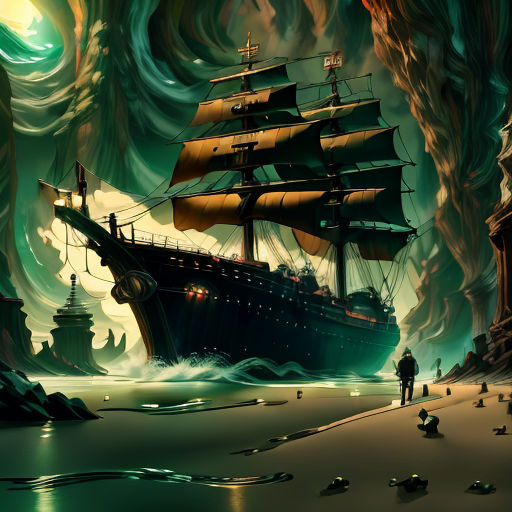 a painting of a ship in a dark sea with a man standing on the shore looking at it in the distance