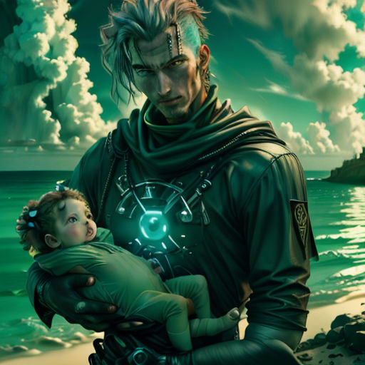 a man holding a child on a beach near the ocean with a futuristic suit on and a futuristic helmet on