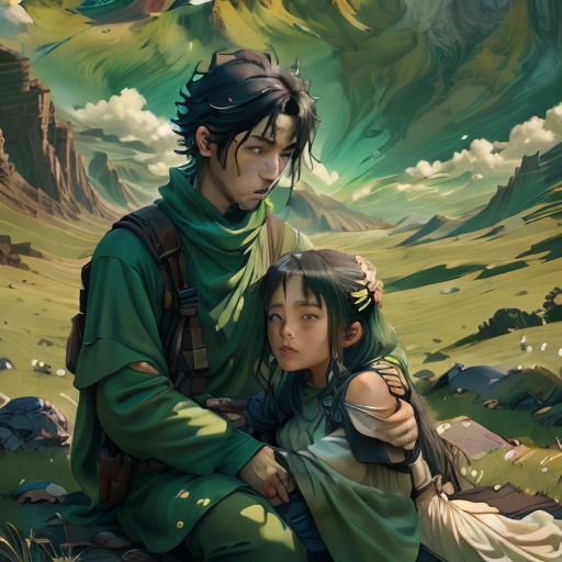 a man and a woman sitting on a rock in a field with mountains in the background and clouds in the sky