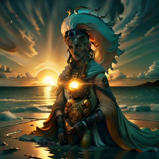 a woman with a light in her hand sitting on the beach at sunset with a glowing light in her hand