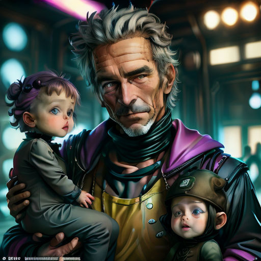 a painting of a man holding a child in his arms and a child in his lap, with a helmet on