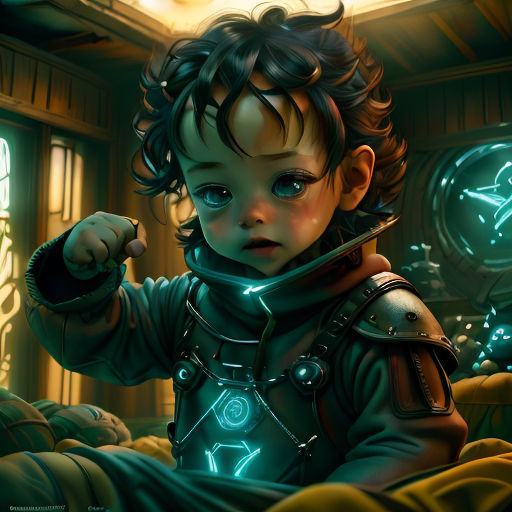 a little boy in a space suit holding a knife and pointing at something in his hand while sitting on a bed