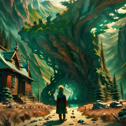 a man standing in front of a giant tree in a forest with a house on it's side
