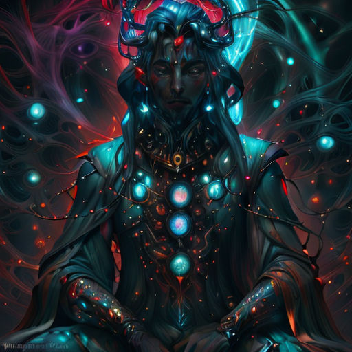 a woman with horns and a demon like head sitting in front of a red and blue background with stars