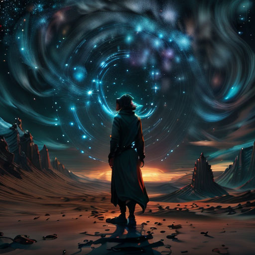 a man standing in a desert looking at the stars in the sky above him and a mountain range in the background