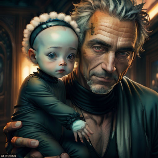a man holding a child in his arms in a room with a clock on the wall and a clock on the wall