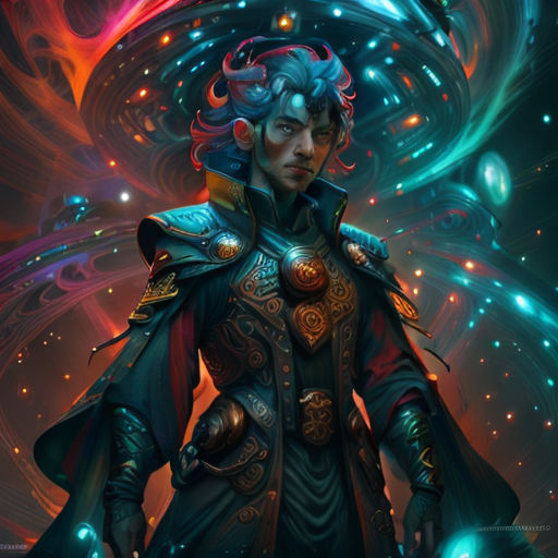 a man in a suit with a blue hair and a red cape on his head and a glowing background