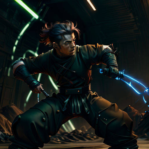 a man in a futuristic suit holding a sword in a dark room with lights coming from the ceiling and a neon light coming from his arm