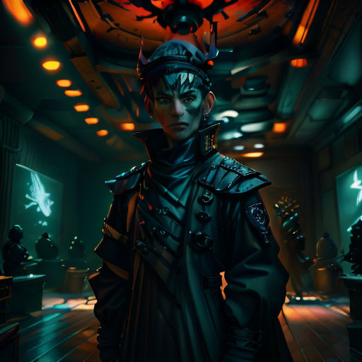 a man in a futuristic suit standing in a room with a clock on the ceiling and a ceiling fan