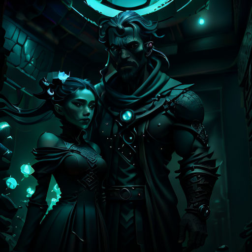 a man and a woman dressed in black standing next to each other in a dark room with a clock on the wall