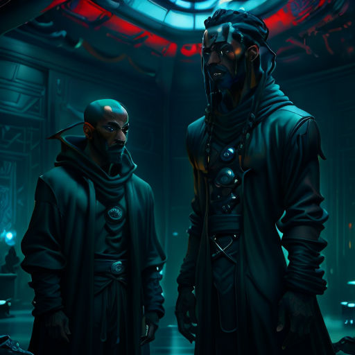 two men in a dark room with a red light on the ceiling and a blue light on the ceiling