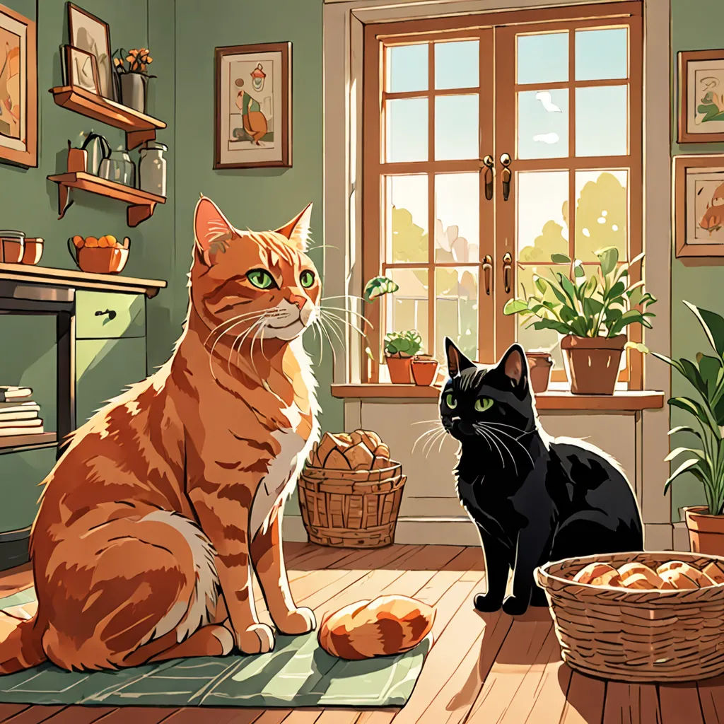 a cat and a black cat sitting on a rug in a room with a fireplace and potted plants, furry art, a storybook illustration, Atey Ghailan, game art
