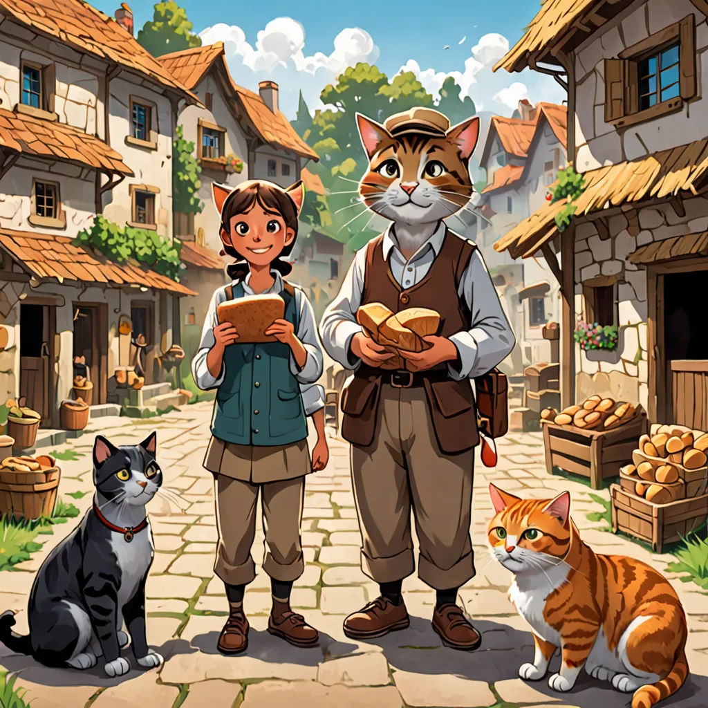 a man and a woman standing in front of a cat and a cat sitting on a stone walkway in front of a village, fantasy art, a storybook illustration, Dan Content, official art