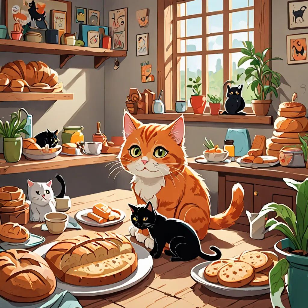 a cat sitting on a table with a cat looking at a plate of food on the table and a cat sitting on the table, serial art, a storybook illustration, Anne Said, game art