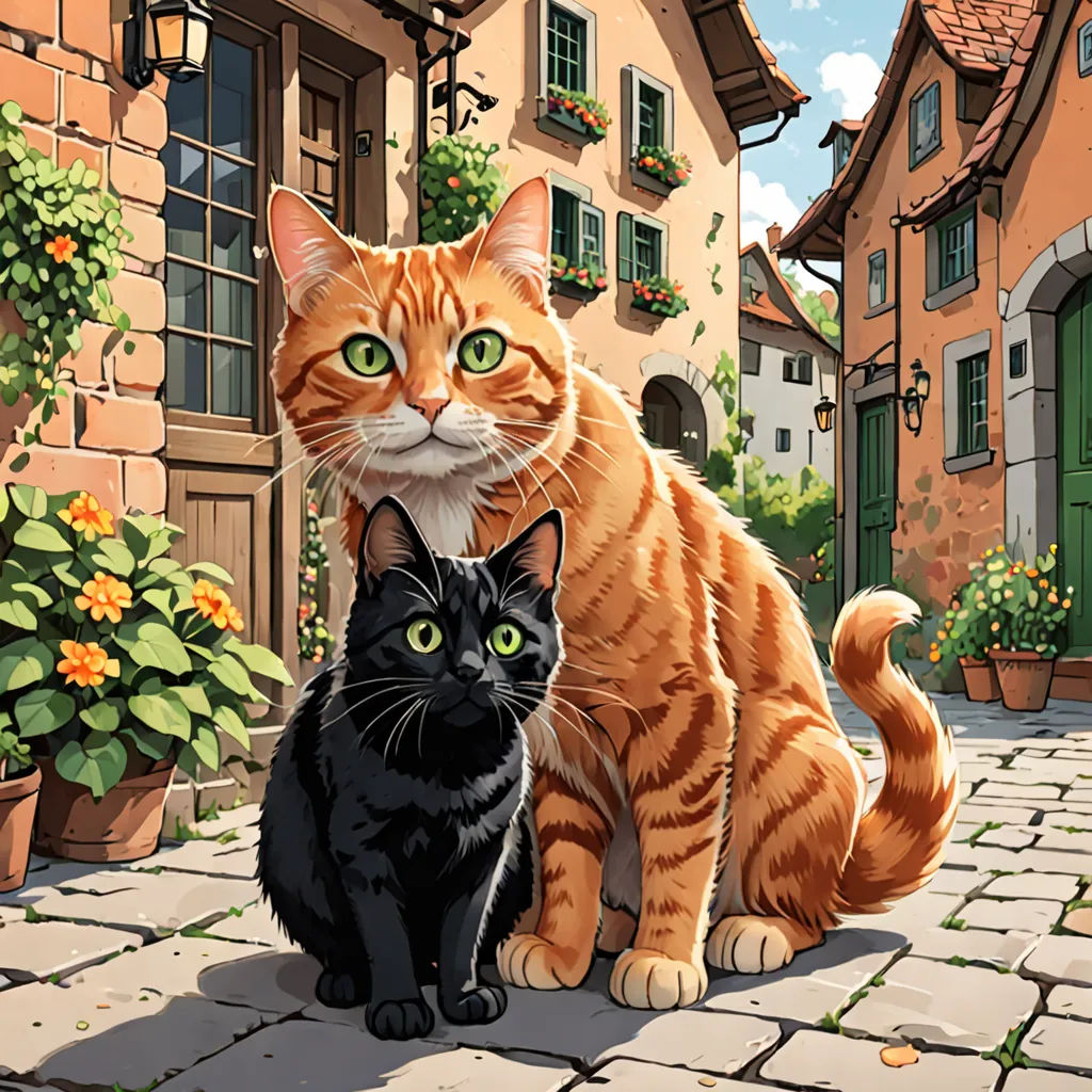 a cat and a black cat sitting on a cobblestone street in front of a house with a green door, serial art, a storybook illustration, Brothers Hildebrandt, key art