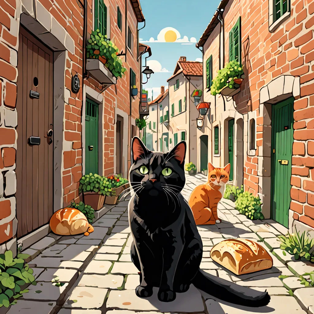 a black cat sitting on a cobblestone street next to a loaf of bread and a loaf of bread, magic realism, a storybook illustration, Dan Mumford, comic cover art