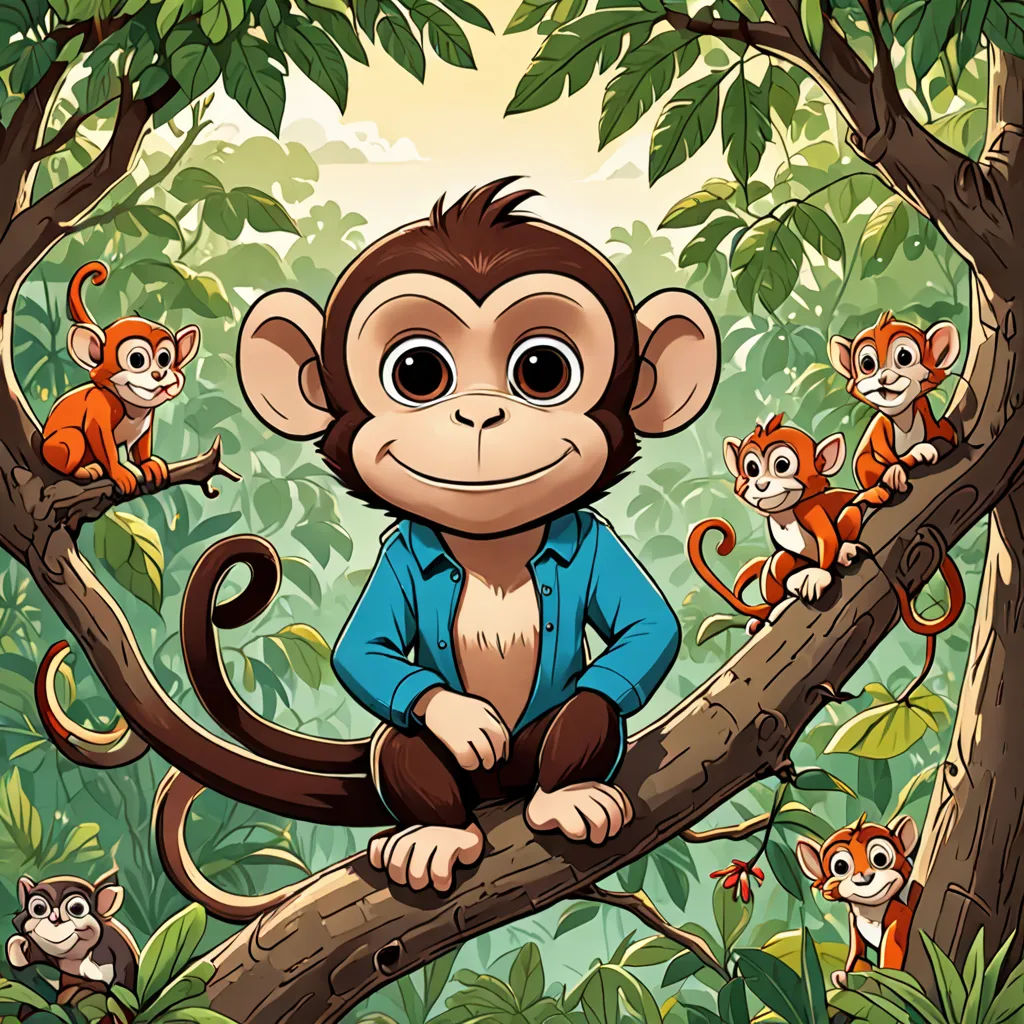 a monkey sitting on a tree branch with monkeys around him and another monkey sitting on the branch behind him, sots art, a storybook illustration, Diego Gisbert Llorens, comic cover art