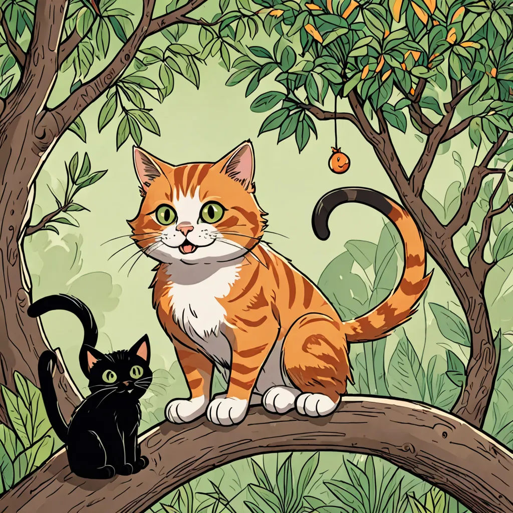 a cat and a black cat sitting on a tree branch in a forest with orange and white colors and green leaves, sots art, a storybook illustration, Eileen Aldridge, comic cover art