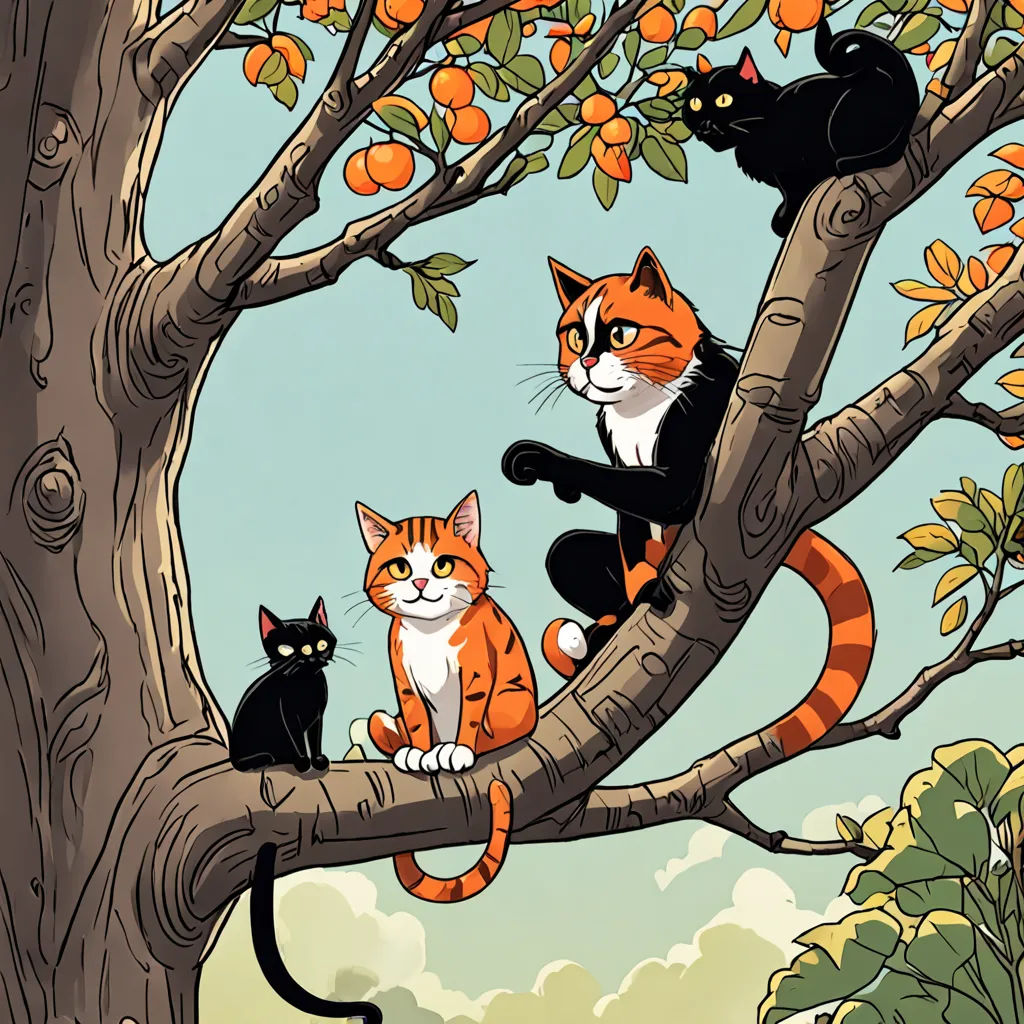 a group of cats sitting on a tree branch in a tree with oranges in the background and a sky background, furry art, a storybook illustration, Asaf Hanuka, cliff chiang
