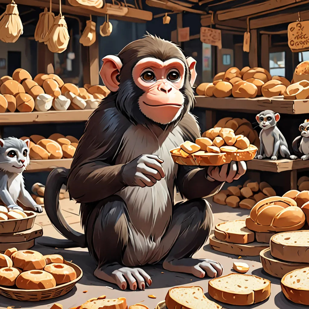 a monkey sitting on the ground with bread and other food items in front of him and a cat sitting on the ground, furry art, a storybook illustration, Chris LaBrooy, behance hd