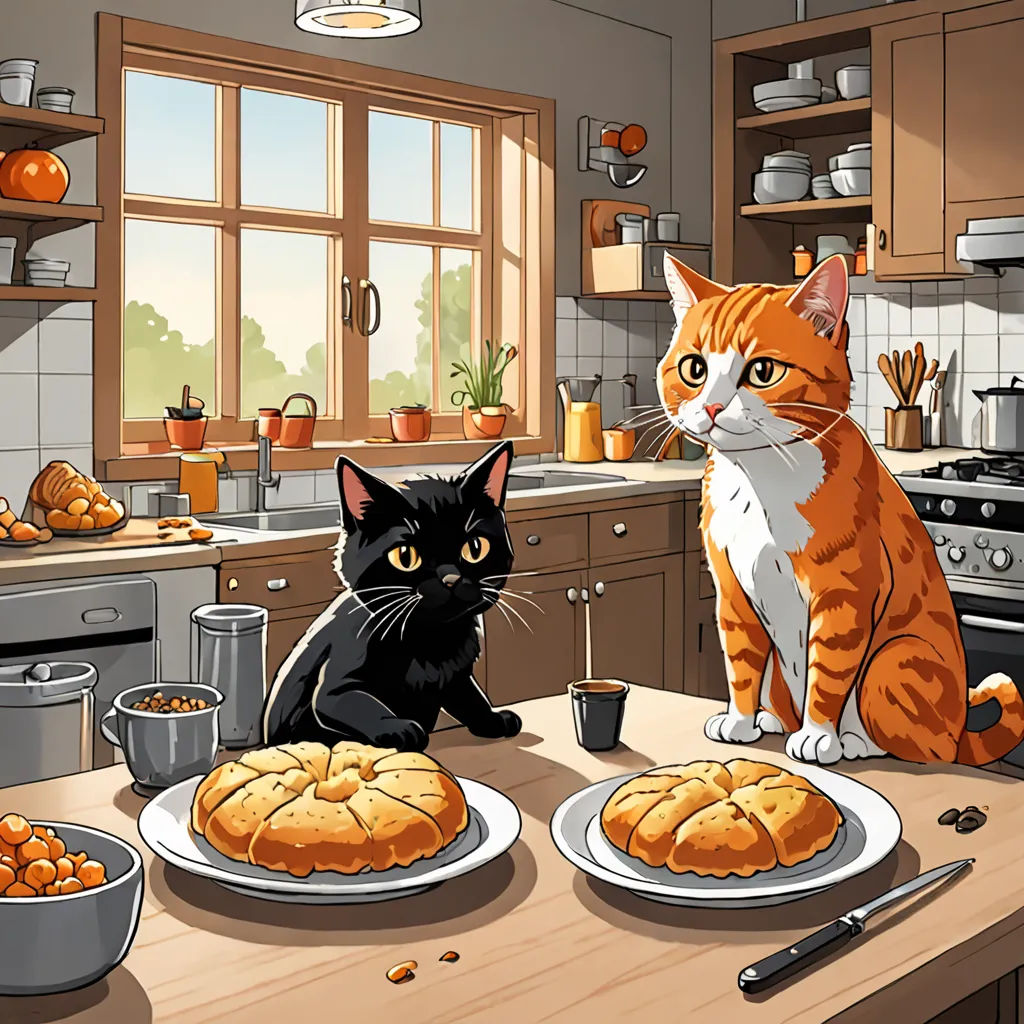 a cat sitting on a kitchen counter next to a plate of food and a black cat sitting on a counter, sots art, a storybook illustration, Bourgeois, game art