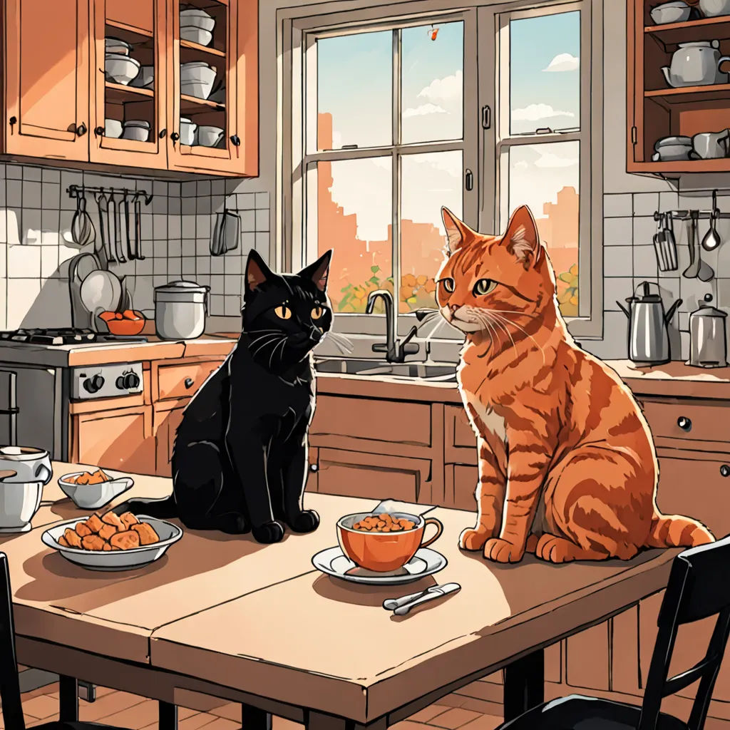 a cat and a black cat sitting at a table in a kitchen with a window and a pot of food, sots art, a storybook illustration, Atey Ghailan, official art