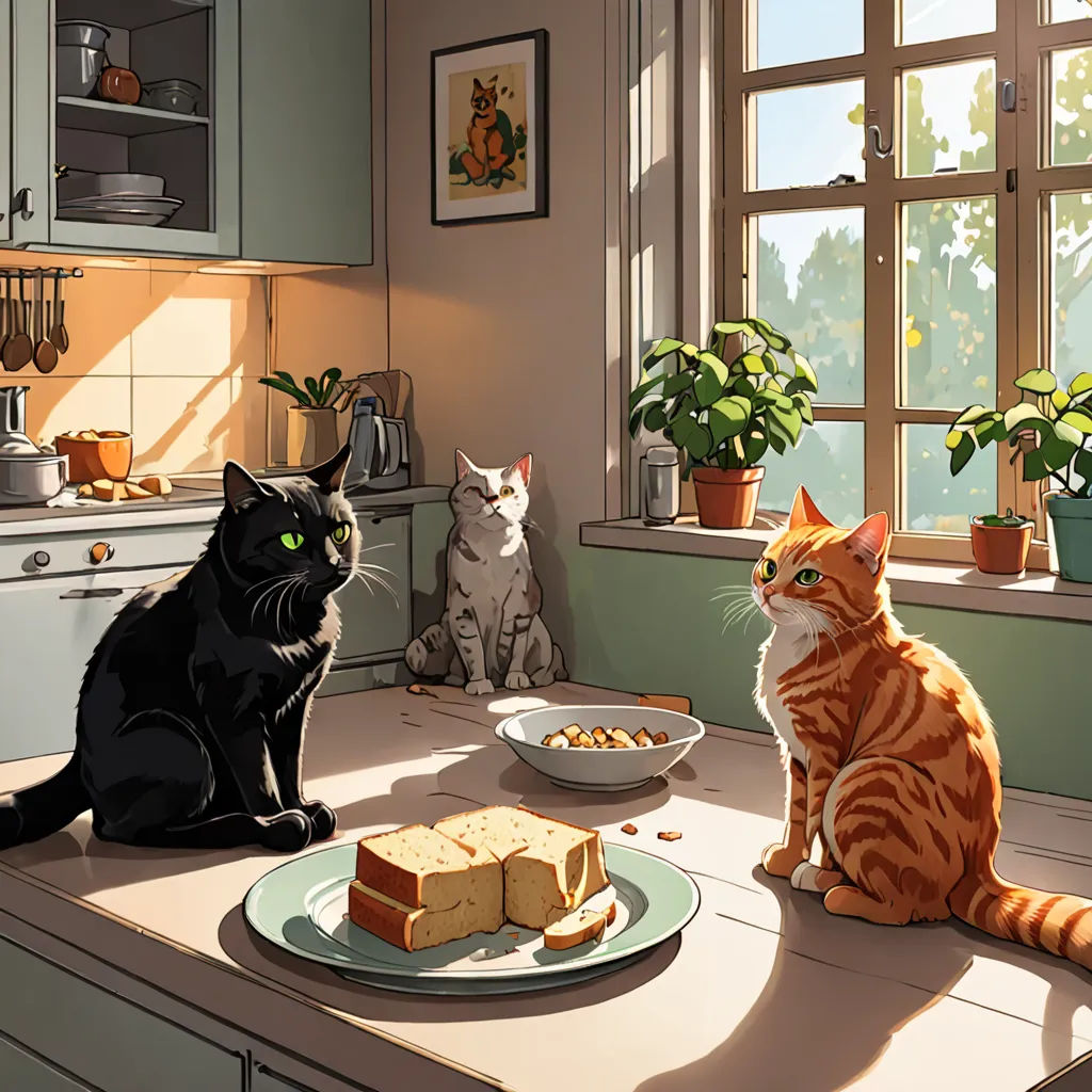 two cats sitting on a kitchen counter looking at a plate of food on the table next to them,, serial art, a storybook illustration, Atey Ghailan, official art