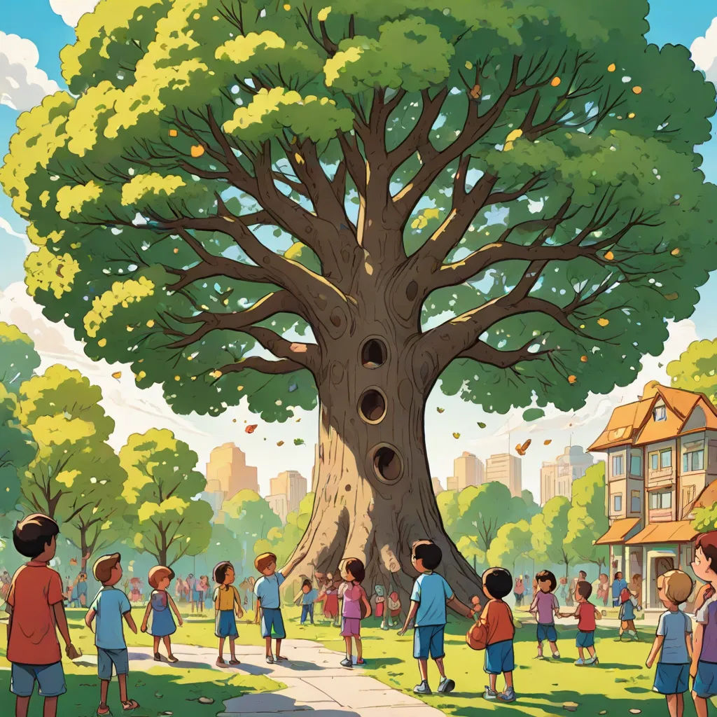 a group of children standing around a tree in a park with a large tree in the background and a building in the background, magical realism, a storybook illustration, Chris LaBrooy, storybook illustration