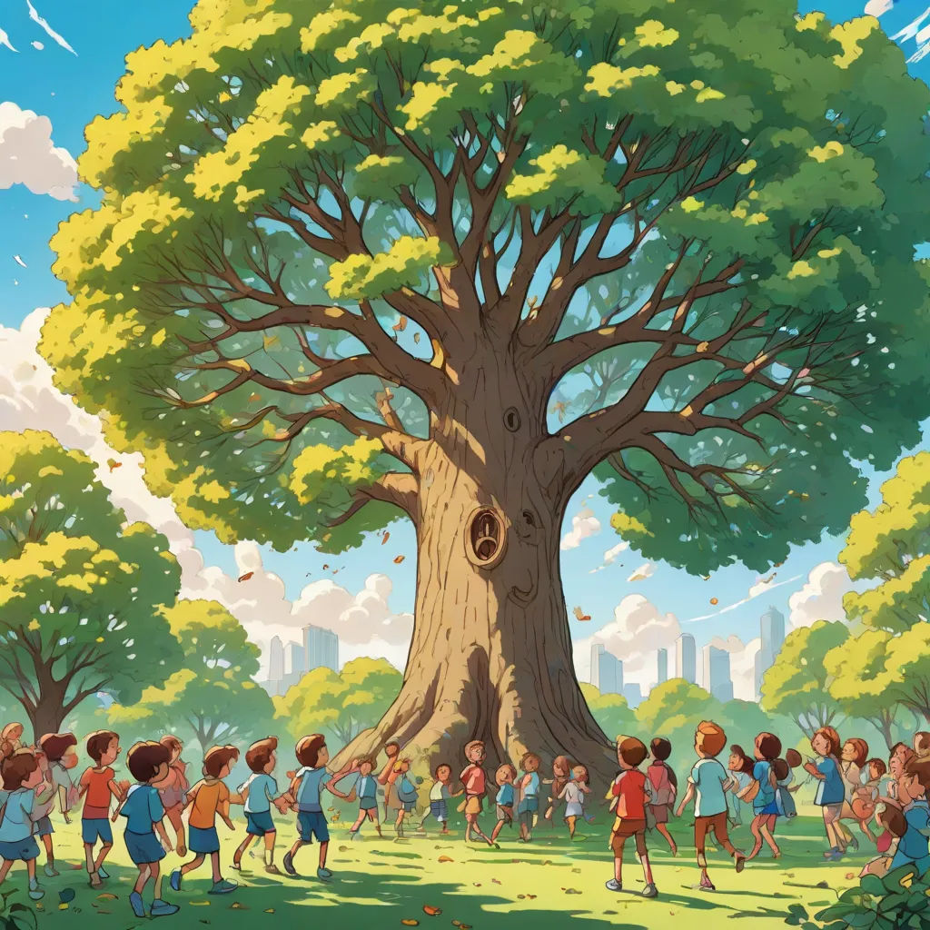 a group of children standing around a tree in a park with a large tree in the background and a city in the background, environmental art, a storybook illustration, Chris LaBrooy, storybook illustration