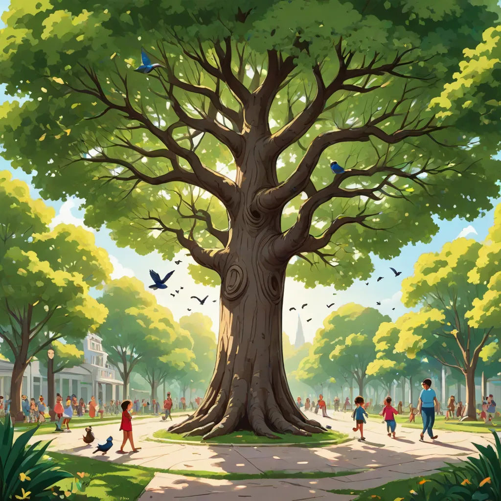 a painting of a tree in a park with people walking around it and birds flying around it, and a building in the background, american scene painting, a storybook illustration, Chris LaBrooy, key art