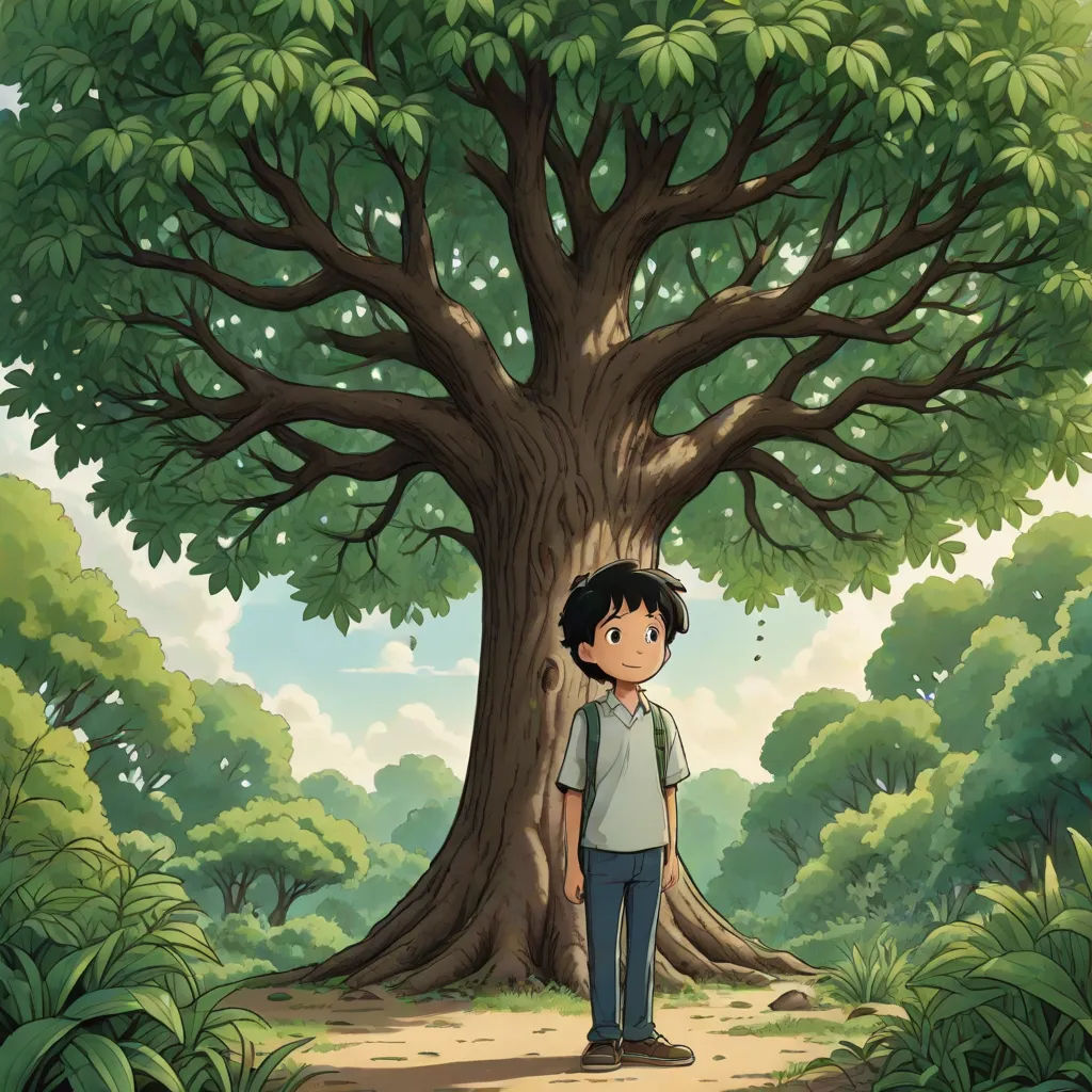 a boy standing in front of a tree in a forest with a sky background and a path leading to it, environmental art, poster art, Aaron Jasinski, ghibli