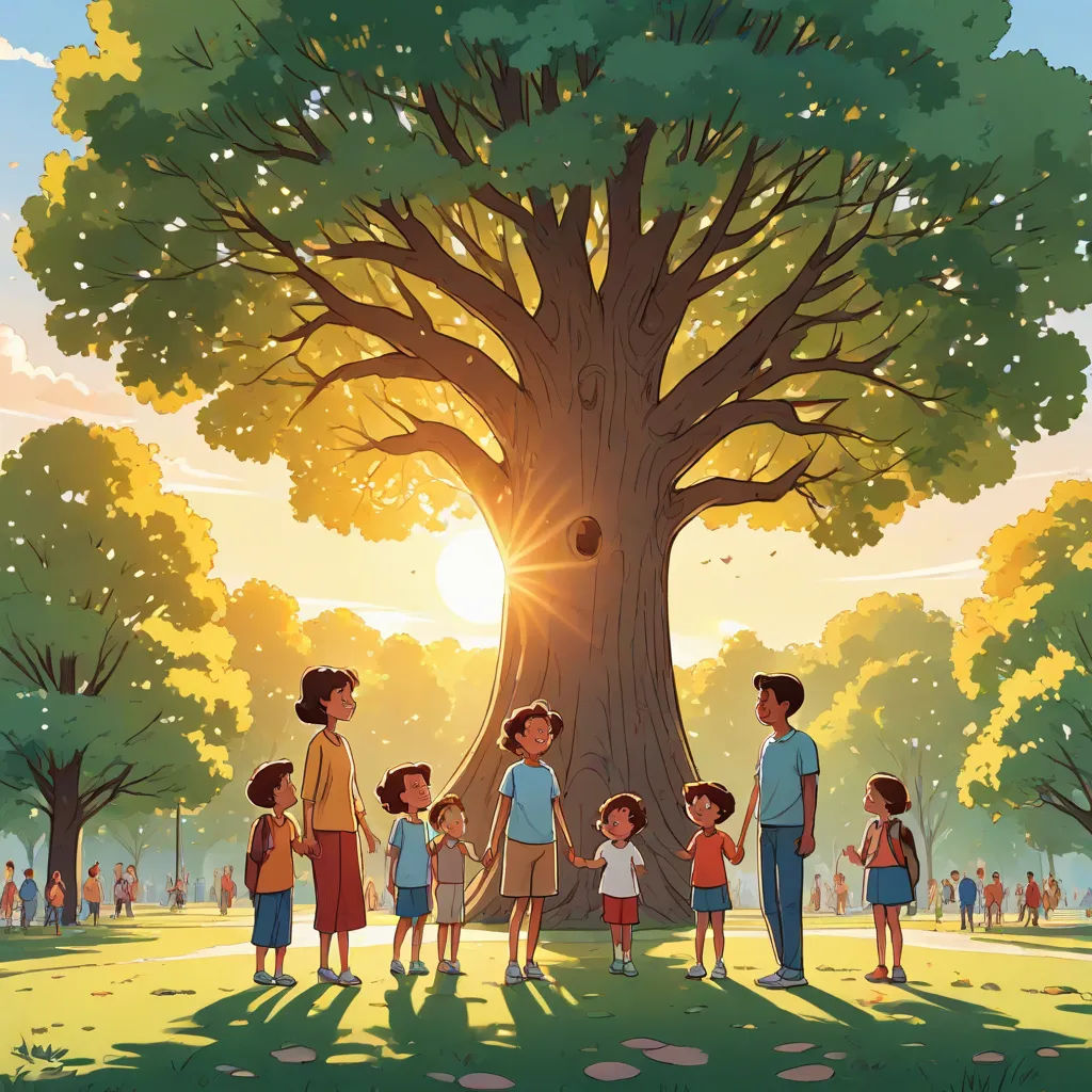a family standing in front of a large tree in a park at sunset or sunrise time, with the sun shining through the leaves, american scene painting, a storybook illustration, Chris LaBrooy, official art