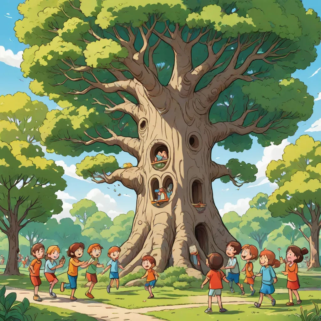 a group of children standing around a tree with a hole in it's trunk and a man in the middle of the tree, naive art, a storybook illustration, Diego Gisbert Llorens, storybook illustration